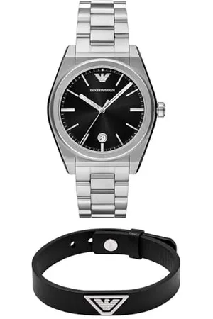 Emporio Armani Montre pour Homme en Acier Inoxydable Argenté et Bracelet en Cuir, Set