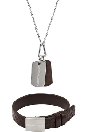 Emporio Armani Collier et Bracelet pour Homme en Acier Inoxydable Argenté et Cuir, Set