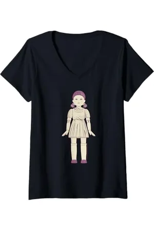 Squid Game Femme Croquis de lumière rouge et vert clair pour poupée T-Shirt avec Col en V