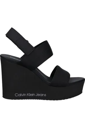 Calvin Klein Jeans Women WEDGE SANDAL WEBBING IN MTL, Black/Stormfront, 40 EU