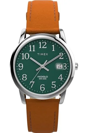 Timex Montre pour homme Easy Reader 35 mm - Bracelet en cuir , cadran vert, boîtier argenté TW2W54600