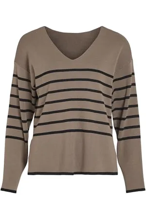 VILA Viostria V-Neck L/S Rev Top-Noos Pull en Tricot, Fossile/Rayures : Black Beauty, M Femme