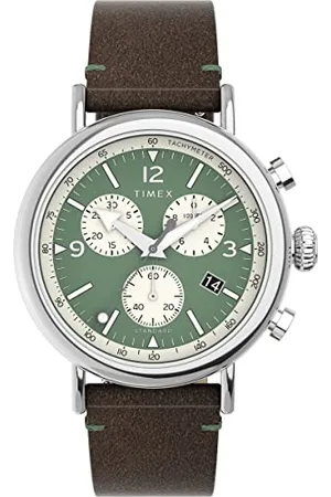 Timex Waterbury Montre pour hommes, 41 mm, bracelet en cuir marron à ouverture rapide, en deux pièces, cadran vert, boîtier argenté TW2V71000