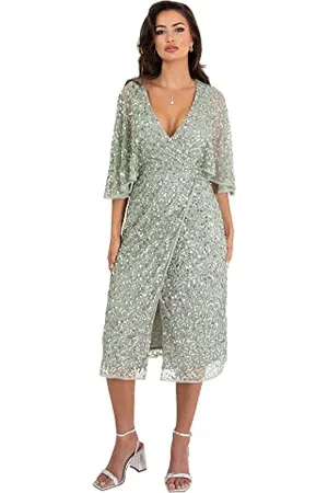 Maya Deluxe Womens Midi Ladies Sequin Embellished Cape Sleeve Wrap Dress for Wedding Guest Bridesmaid Cocktail Prom Evening Robe, , 38 Femme