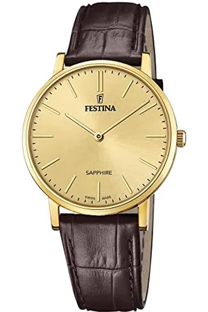 Festina Montre pour Homme F20016/2 Swiss Made Boîtier en Acier Inoxydable Doré Bracelet en Cuir Marron