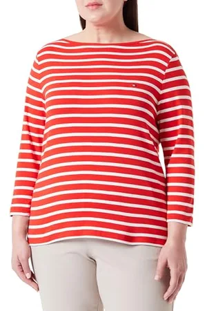 Tommy Hilfiger T-Shirt Manches Longues Femme en Coton, Multicolore (Breton Fierce Red/Ecru), 48