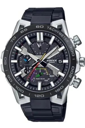 Casio Montre Solaire Homme 55.60mm avec Cadran Noir analogique et Bracelet en Bracelet en Acier Noir EQB-2000DC-1AER