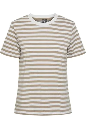 Pieces® Femme Pcria Tee Stripes Noos BC T-Shirt, Vison Argenté/Rayures : Blanc Brillant, L EU