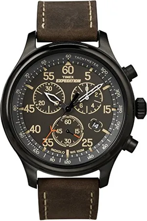 Timex T49905SU - Expédition - Montre Homme - Quartz Analogique - Cadran Noir - Bracelet Cuir Marron
