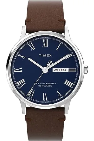 Timex Waterbury Montre pour hommes, 40 mm, bracelet en cuir à ouverture rapide, en deux pièces, cadran bleu, boîtier en acier inoxydable TW2W14900