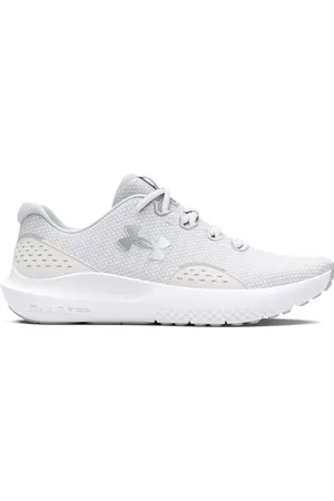Under Armour UA W Charged Surge 4 Chaussures de sport pour femmes, baskets légères et respirantes, blanc/gris/argent