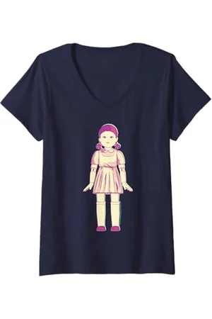 Squid Game Femme Croquis de poupée rouge clair vert clair T-Shirt avec Col en V