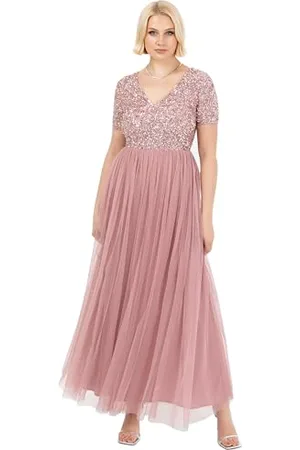Maya Deluxe Womens Ladies Dress for Wedding Guest Plus Size Empire High Waist Sequins Short Sleeve Evening Bridesmaid Robe de Demoiselle d