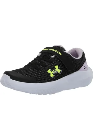 Under Armour UA GPS Surge 4 AC Baskets pour filles, chaussures de sport confortables et légères, noir/mauve clair/jaune fluo