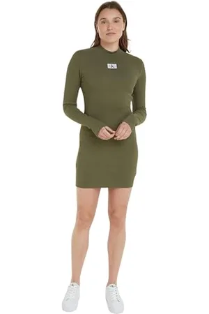 Calvin Klein Jeans Woven Label Rib LS Dress J20J222918 Robes évasées, , M Femme