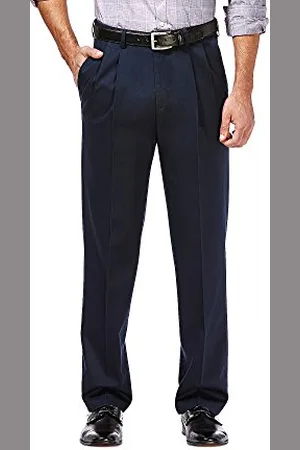 HAGGAR Pantalon plissé sans repassage classique pour homme - Bleu - 42W x 30L