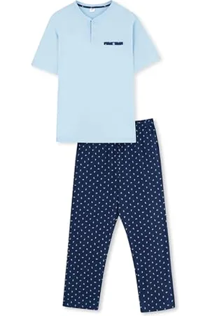 Dagi Half-Plot Pocket Detailed Short Sleeve Knitted T-Shirt & Trousers Pyjama Set Ensemble, Blue, S pour des Hommes