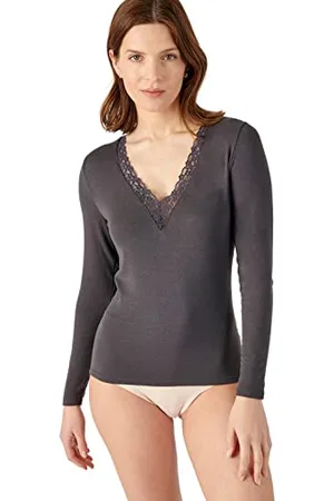 Damart T-Shirt Dentelle Thermolactyl Sensitive, Femme, Gris, Taille XL, Manches Longues
