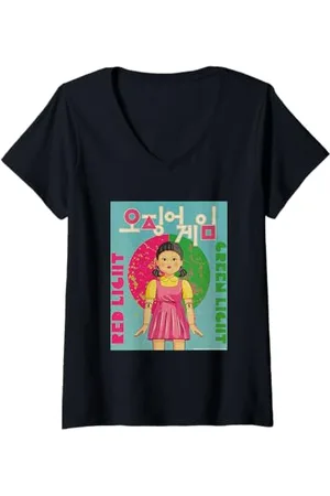 Squid Game Femme - Poupée avec logo coréen - Rouge et vert clair T-Shirt avec Col en V
