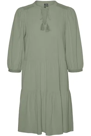 VERO MODA Robe Courte en crépon avec Cordon de Serrage - Robe midi à Manches 3/4 - Robe d