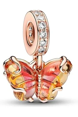 PANDORA Moments Charm pendant Papillon en métal plaqué 14 carats avec verre de Murano bicolore orange et rose et zircones cubiques transparentes