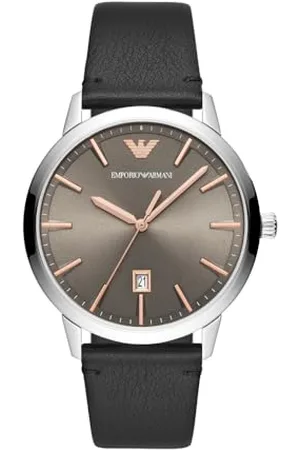 Emporio Armani Montre pour homme, mouvement à trois aiguilles avec date, boîtier en acier inoxydable argenté de 43 mm avec bracelet en cuir, AR11277