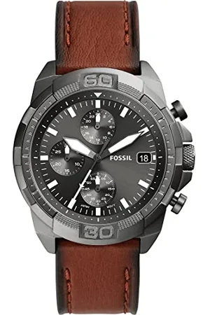 Fossil Montre pour hommes 44mm Bronson, mouvement chronographe à quartz, boîtier en acier inoxydable fumé de 44mm avec bracelet en cuir, FS5855