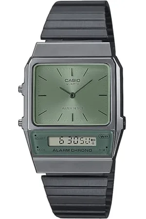 Casio Montre Quartz Femme 32.00mm avec Cadran Vert analogique/numérique et Bracelet en Bracelet en Acier Noir et Argent AQ-800ECGG-3AEF