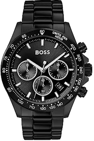 HUGO BOSS Montre Chronographe Quartz pour Homme 43 mm Collection Hero avec Bracelet en Acier Inoxydable Noir, Cadran Noir, Fonction Date, 3 sous-Cadrans, Résistance à l