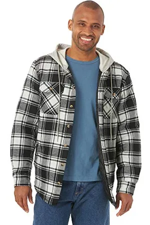 Wrangler Men s Long Sleeve Quilted Lined Flannel Shirt Jacket with Hood, Caviar With Black Hood, 3XL