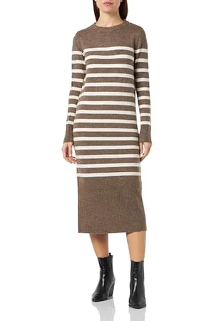 VERO MODA Bestseller A/S Vmplaza Ls O-Cou Calf Dress GA Boo Robe, Marron Clair/Rayures : Bouleau, S Femme
