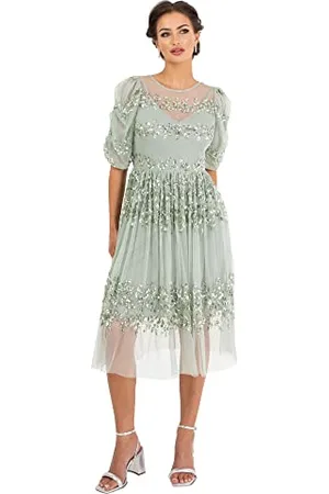 Maya Deluxe Womens Midi Ladies Sequin Embellished Short Sleeve Dress for Wedding Guest Bridesmaid Prom Ball Evening Occasion Robe, , 38 Femme