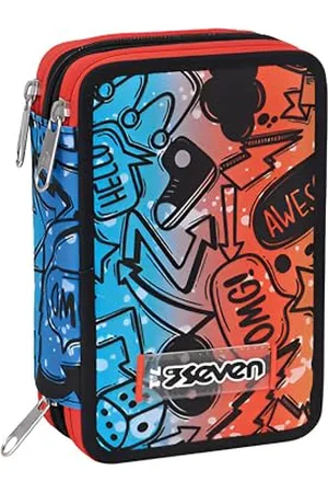 7 for all Mankind Trousse 3 Compartiments, Bleu Orange, Triple Compartiment, avec Crayons, marqueurs, Couleurs, Accessoires Sac à Dos, élémentaires, Moyens, supérieurs, , Vif et coloré
