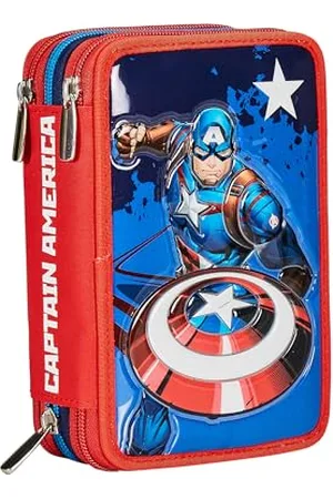 7 for all Mankind Trousse Scolaire 3 Compartiments, Disney – Captain America – LEGENDAY AVANGE, Bleu Rouge, Porte-stylos Multi-Compartiments avec Crayons, stylos et Couleurs, Accessoires Sac à Dos, Sac à Dos