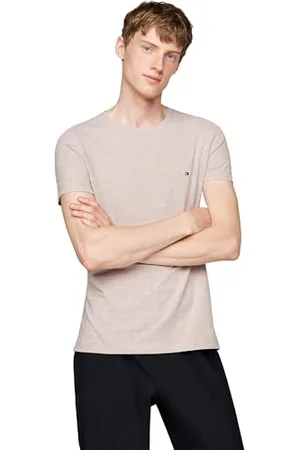 Tommy Hilfiger Men Stretch Slim FIT Tee MW0MW10800 Brown (Heathered Pebble) L