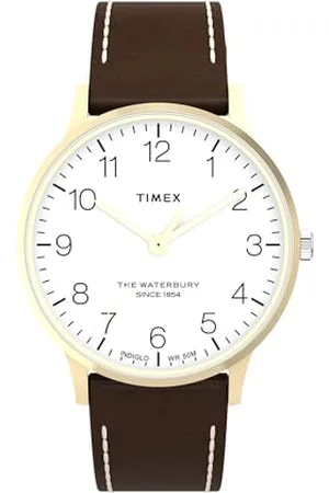 Timex Waterbury Montre pour hommes, 40 mm, bracelet en cuir à ouverture rapide, en deux pièces, cadran blanc, boîtier doré TW2W84400