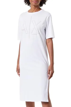 Armani Exchange Durable et imprimé avec Grand Logo, col Rond Robe décontractée, Blanc Optique, M Femme