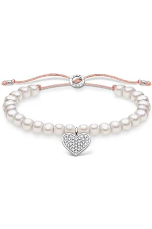 Thomas Sabo Bracelet en argent sterling 925 avec perles blanches en forme de cœur pavé, longueur 13-20 cm