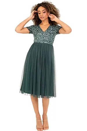 Maya Deluxe Embellished Midi Evening Dress Women Ladies V Neckline with Short Sleeve for Prom Wedding Robe de Demoiselle d