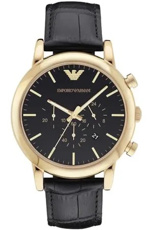 Emporio Armani Montre pour homme, mouvement chronographe à quartz, boîtier en acier inoxydable doré de 46 mm avec bracelet en cuir, AR1917