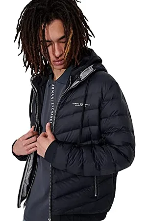 Armani Exchange Steppjacke mit Kapuze und Reißverschluss, Milano/New York Logo Jacket, Bleu Marine/Gris chiné, XL Hommes