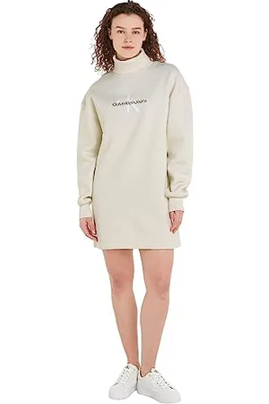 Calvin Klein Jeans Femme Robe-Pull Monologo Roll Neck Dress Manches Longues, , M