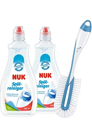 NUK Liquide nettoyant pour biberons et goupillon - 2 flacons de liquide nettoyant, 1 goupillon à biberons - 500 ml - Idéal pour le nettoyage des biberons, tétines et plus - Sans parfum - pH neutre