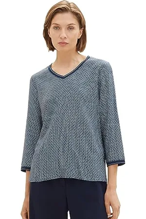 TOM TAILOR 1035850 T-Shirt à Manches Longues avec Motif, 32365-Design géométrique Bleu Marine, XXXL Femme