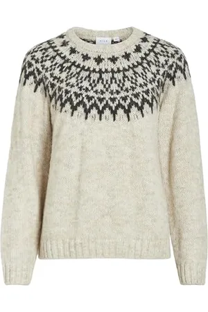 VILA O-Neck Knit Top Haut en Tricot Jacquard à col Rond Viejla L/S, Melan Naturel Super léger, XL Femme