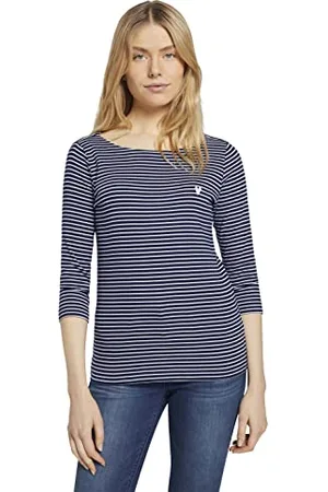 TOM TAILOR T-Shirt À Manches Longues Avec Rayures Femme, Navy White Small Stripe, L