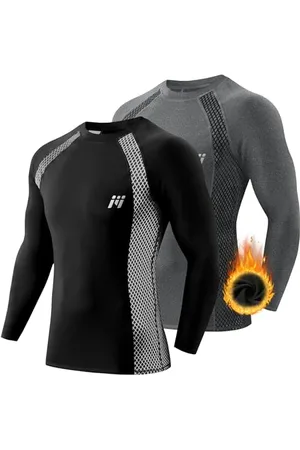 MEETWEE Tee Shirt Thermique Homme, Manche Longue Maillot de Compression Base Layer sous-Vêtements Thermique pour Sports Ski Running, Lot de 2, Noir et Gris, Taille XXL