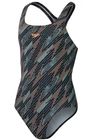 Speedo Maillot de Bain Une Pièce Hyperboom Allover Medalist, Résistant au Chlore, Séchage Rapide Maillot de Bain pour Fille, Noir/Vert Campagne/Nectarine, 5-6 Années
