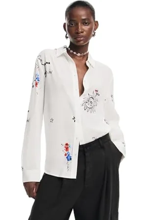 Desigual T- Shirt tissé à Manches Longues pour Femme Blouse, Blanc