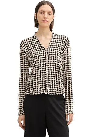 TOM TAILOR 1044198 T-Shirt à Manches Longues, 36887-Beige géométrique Minimal, XS Femmes